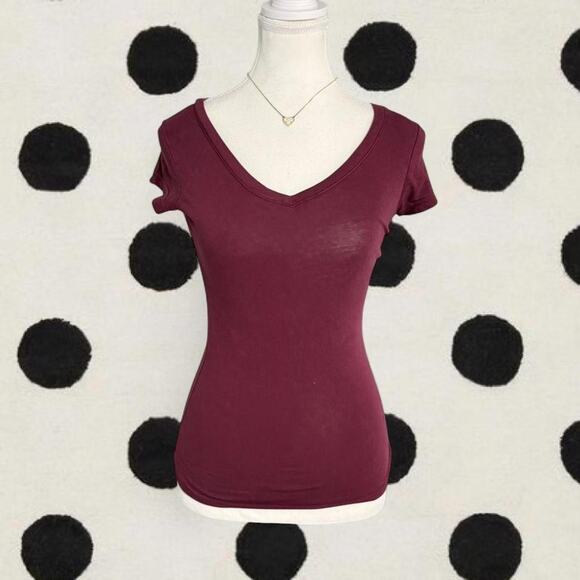 Planet Gold Tops - Burgundy Short Sleeve Fitted 95% Cotton Layering Staple Piece Womens Size Small